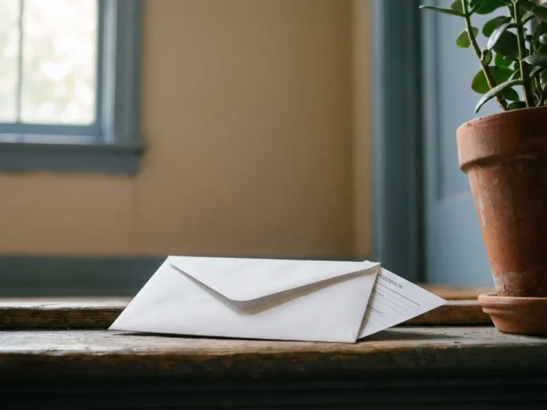 Wit gesloten envelop op een appartementdrempel naast een terracotta bloempot, met een anoniem feedbackformulier gedeeltelijk zichtbaar.