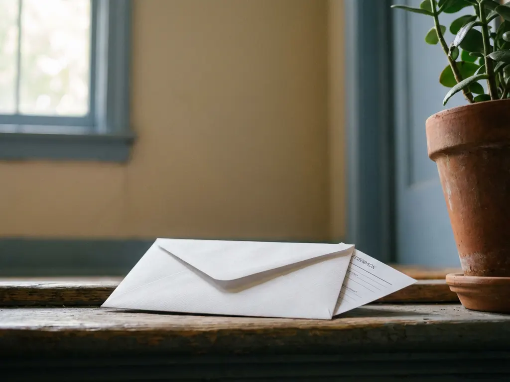 Wit gesloten envelop op een appartementdrempel naast een terracotta bloempot, met een anoniem feedbackformulier gedeeltelijk zichtbaar.