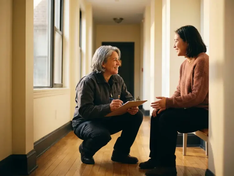 Huismeester met klembord in gesprek met lachende huurder in zonnige appartementgang met houten vloer.