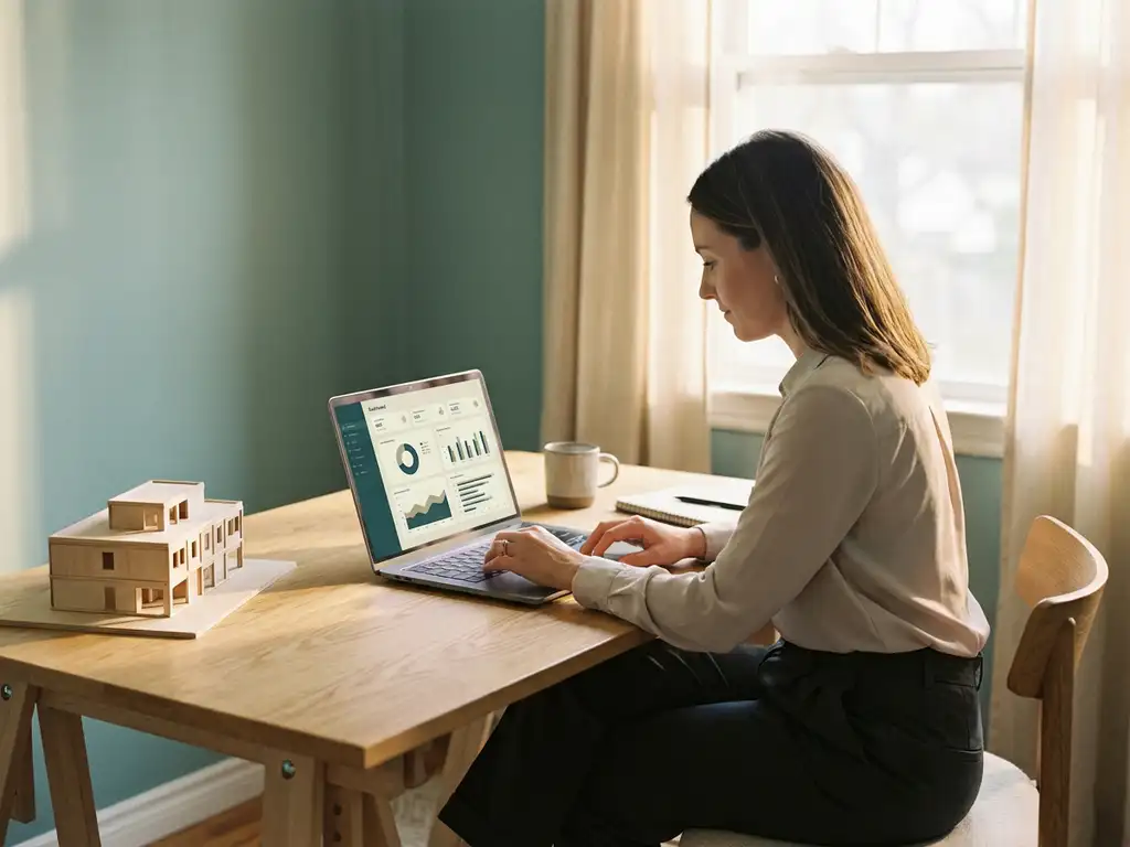 Vastgoedbeheerder bekijkt tevredenheidsonderzoek op laptop aan modern bureau met architectuurmodel, warm middaglicht.
