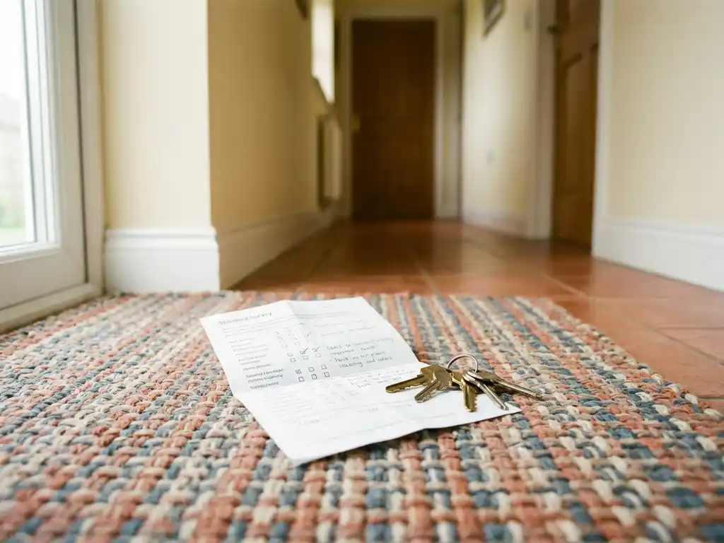 Ingevulde papieren enquête op een deurmat met huissleutels ernaast, zachte natuurlijke belichting in een woonhallway.