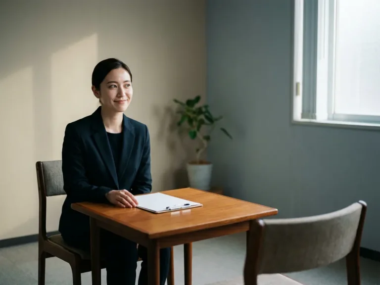 Onderzoeksdeelnemer met ingestudeerde glimlach tegenover lege stoel in minimalistische interviewruimte, klembord op tafel, zachte zijdelingse belichting.