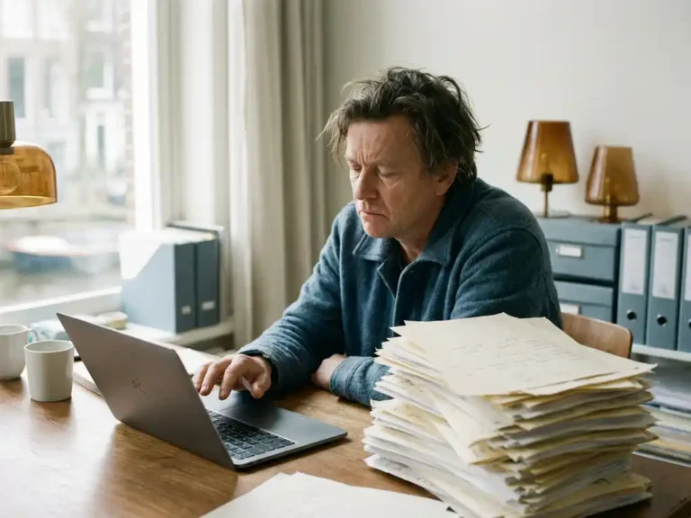 Vermoeide professional aan een Amsterdams bureau, omringd door een stapel enquêteformulieren, hand boven laptop in natuurlijk zijlicht.
