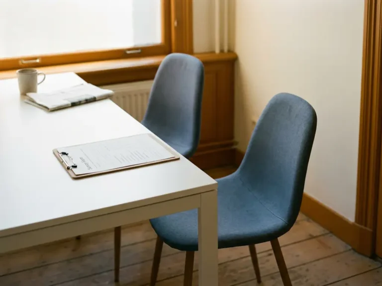 Enquêteklembord op wit bureau naast twee lege stoelen in minimalistisch Amsterdams kantoor, warm middaglicht.