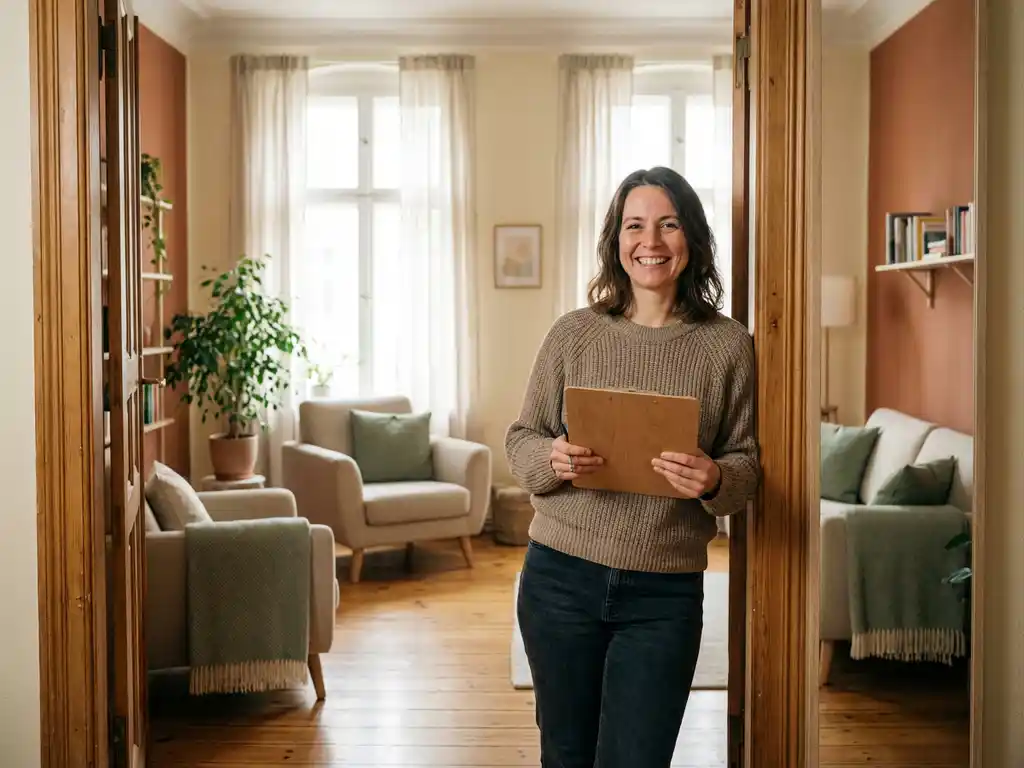 Lachende huurder in verlichte appartementsdeuropening met klembord, gezellige woonkamer met houten vloeren op de achtergrond.