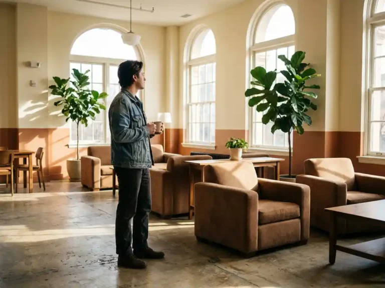 Huurder met koffiemok in zonnige appartementenlobby met loungehoek, comfortabele zitmeubels en kamerplanten in warme tinten.