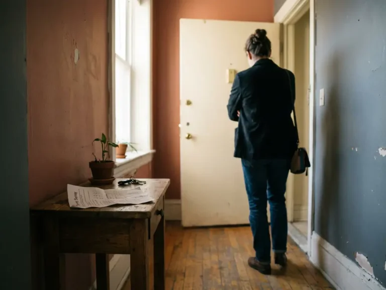 Gefrustreerde huurder loopt met gekruiste armen weg van een open appartementsdeur, papieren enquête omgekeerd op bijzettafel.