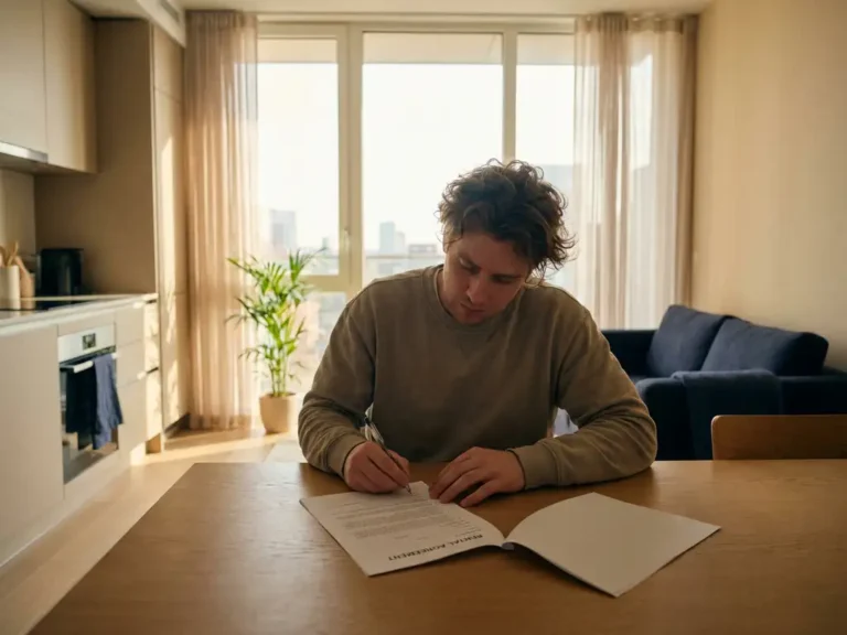 Vermoeide huurder ondertekent eenvoudig huurcontract aan keukentafel in modern appartement met groot raam en warm natuurlijk licht.