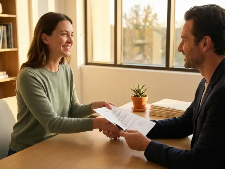 Tevreden huurder overhandigt ondertekend huurcontract aan vastgoedbeheerder aan modern bureau in warm natuurlijk licht.