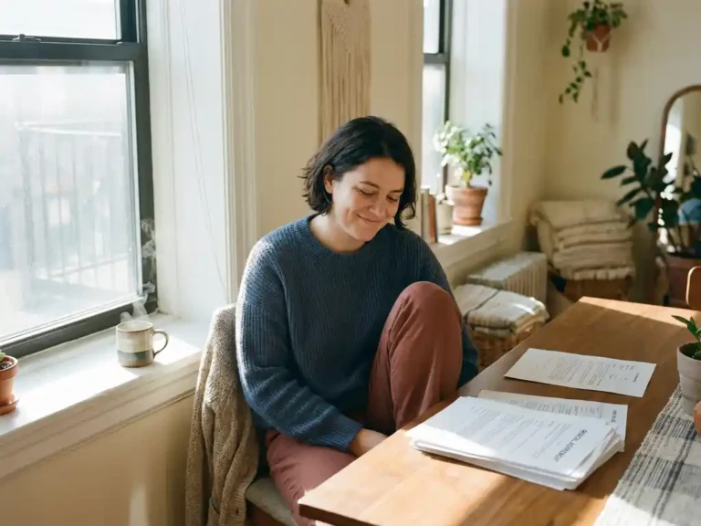 Tevreden huurder leest huurovereenkomst aan een zonnig appartementraam met dampende koffie op de vensterbank.