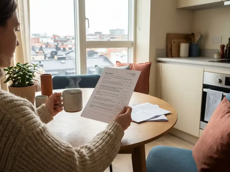 Huurder met koffie vult enquêteformulier in aan keukentafel in modern licht appartement met grote ramen.