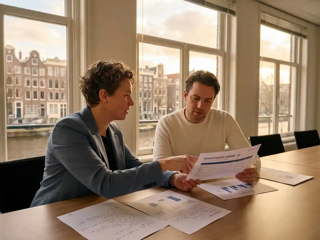 Onderzoeker overhandigt huurdersenquête rapport aan klant in modern Amsterdams kantoor met natuurlijk daglicht en grafieken op tafel.