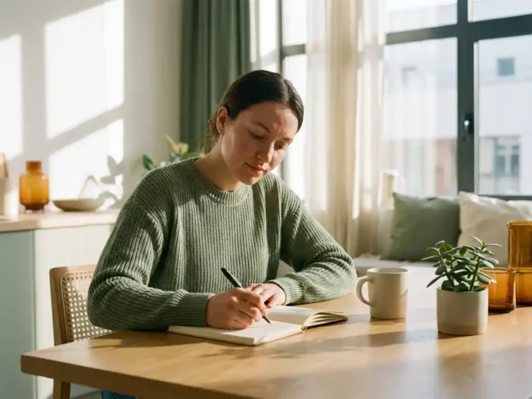 Huurder schrijft in notitieboek aan moderne keukentafel, warm middagzonlicht door grote ramen in lichte woning.