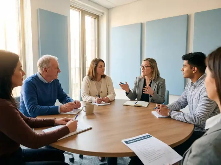 Diverse huurders in overleg rond een ronde tafel met een enquêteformulier, in een lichte moderne vergaderruimte.