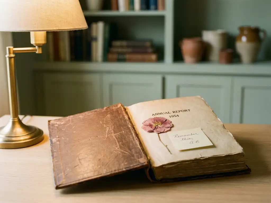Opengeslagen leren jaarverslag op bureau met gedroogde bloem, handgeschreven notitie en warm lampicht.