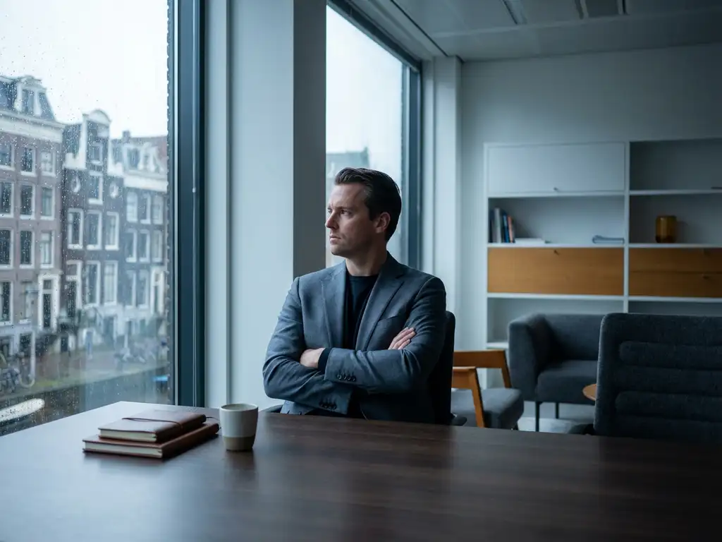 Kantuurhuurder zit met gekruiste armen aan modern bureau in Amsterdam, blik afwezig, onaangeroerde koffie op de voorgrond.