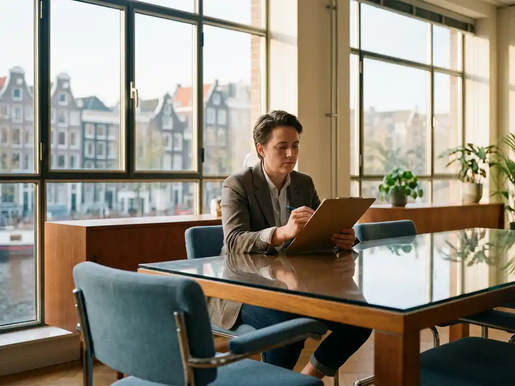 Kantuurhuurder vult tevredenheidsformulier in aan modern bureau in licht Amsterdams kantoor met stadsgezicht op de achtergrond.
