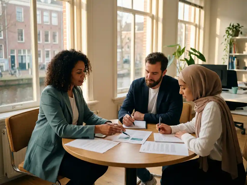 Drie professionals bespreken enquêtedocumenten aan een ronde tafel in een licht Nederlands kantoor, één persoon wijst naar een gedeeld rapport.