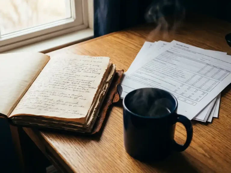 Versleten leren interviewdagboek met handgeschreven notities naast gedrukte enquêteformulieren op een eikenhouten bureau, met dampende koffie.