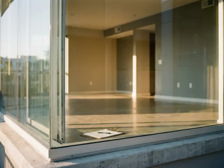 Klembord met enquêteformulieren op vensterbank van leeg modern appartement met vloer-tot-plafond ramen en warm middaglicht.
