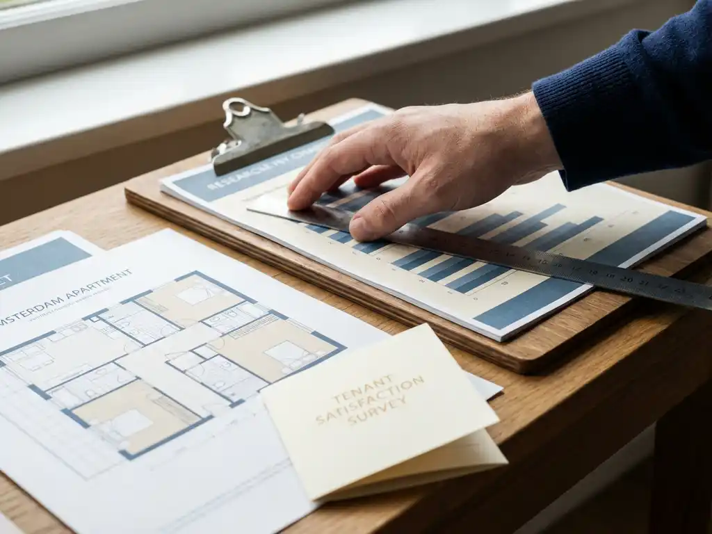 Onderzoeker meet plattegrond van Amsterdams appartement met liniaal op klembord, naast tevredenheidsformulier huurder.