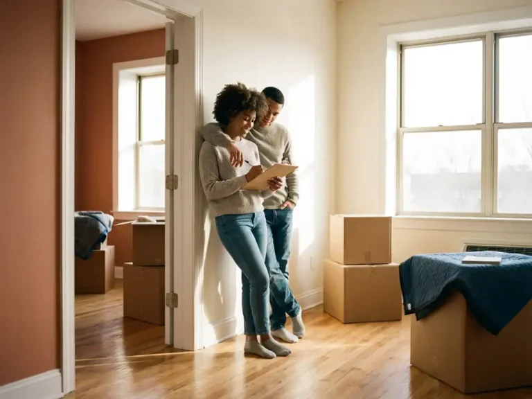Jong stel in de deuropening van hun nieuwe appartement, omringd door verhuisdozen, terwijl één partner een papieren enquête invult op een klembord.
