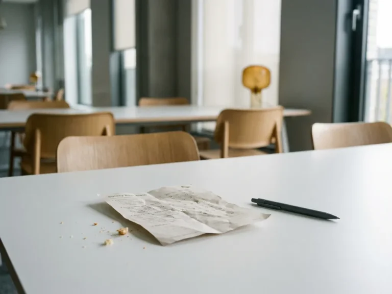 Verfrommeld enquêteformulier op wit bureau met ongebruikte pen, lege stoelen op de achtergrond in een minimalistisch Amsterdams kantoor.