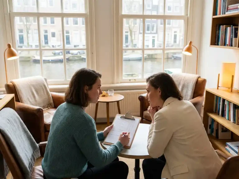 Onderzoeker met klembord voert een klantinterview in een licht Amsterdams kantoor met warm natuurlijk daglicht.