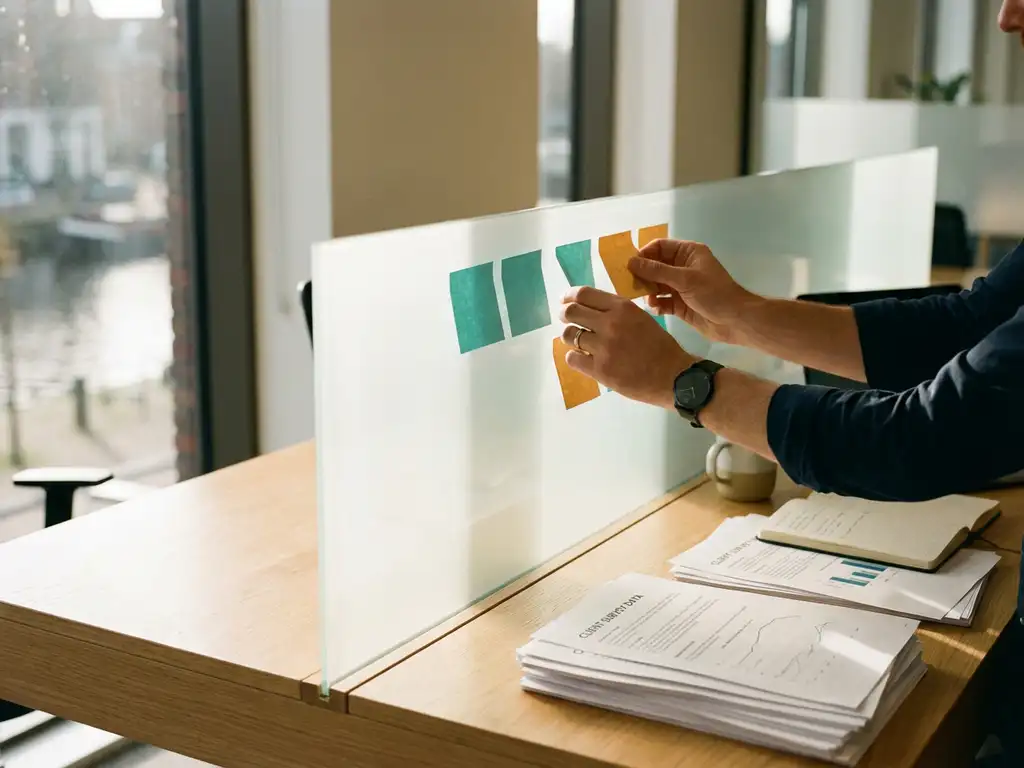 Onderzoeker ordent kleurgecodeerde sticky notes tot een actieplan op een glazen wand, met klantsurveydata op een Amsterdams bureau eronder.