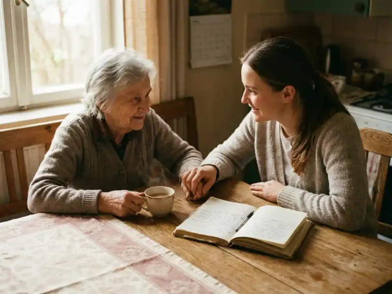 Oudere persoon en zorgverlener in gesprek aan een eiken tafel met een notitieboek en kop thee, warm natuurlijk licht.