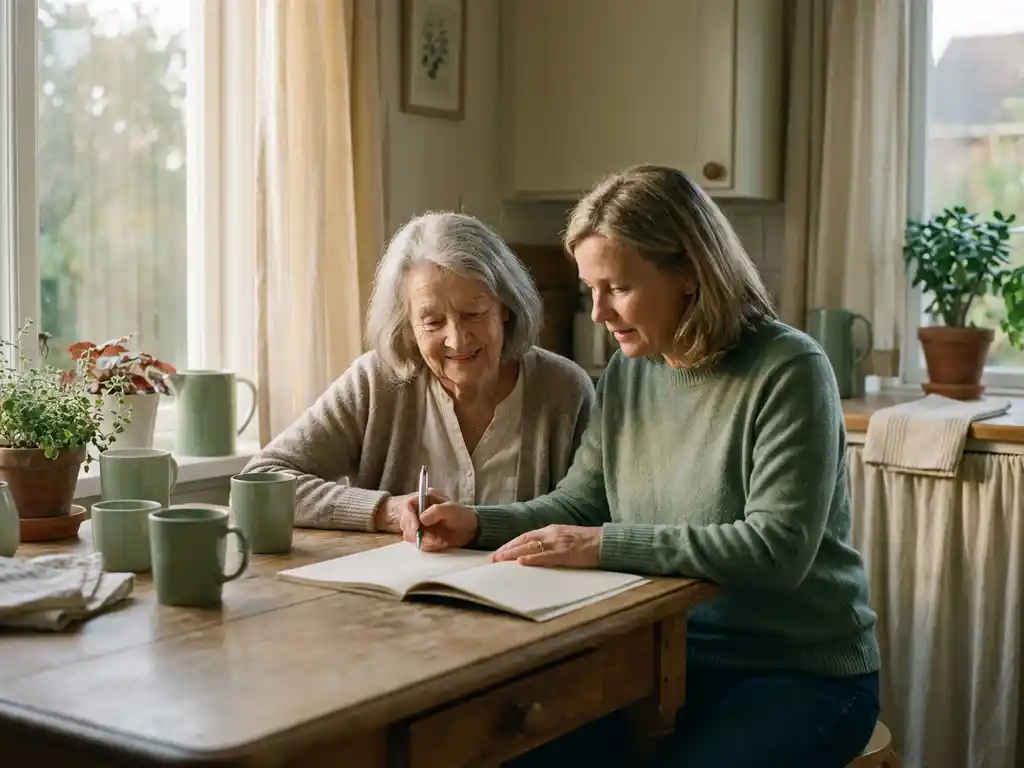 Oudere vrouw en familielid aan keukentafel met open enquêteboekje, zacht middaglicht, warme huiselijke sfeer.