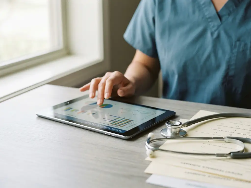 Zorgprofessional bekijkt patiëntfeedback op tablet aan klinisch bureau, stethoscoop en enquêteformulieren zichtbaar.
