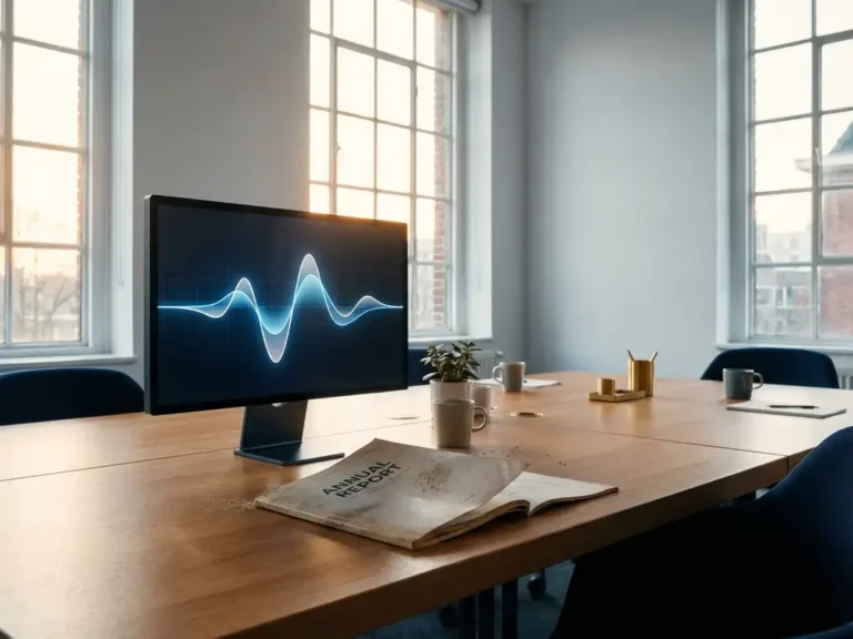 Real-time dashboard met pulslijn op monitor naast stoffig jaarrapport op Amsterdams kantoorbureau in warm ochtendlicht.