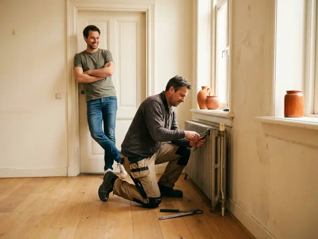 Onderhoudsmonteur repareert radiator in lichte Nederlandse woning terwijl tevreden huurder toekijkt vanuit de deuropening.