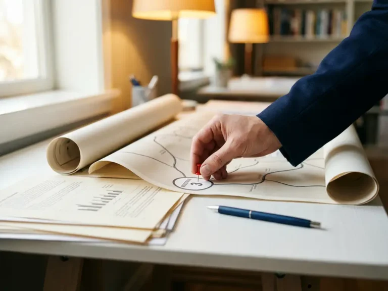 Hand die een rode pin plaatst op een mijlpaal van een gebogen routekaart op wit bureau, omringd door onderzoeksdata en een pen.