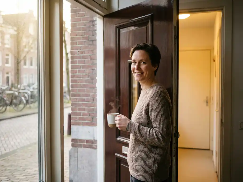 Tevreden huurder met dampende koffiemok bij open voordeur van verzorgd Nederlands appartement, warm amberkleurig interieur.