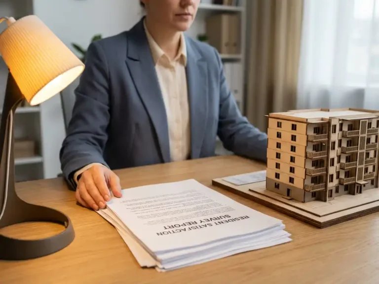 Vastgoedbeheerder bekijkt tevredenheidsonderzoek aan modern bureau met architectuurmaquette van appartementengebouw.