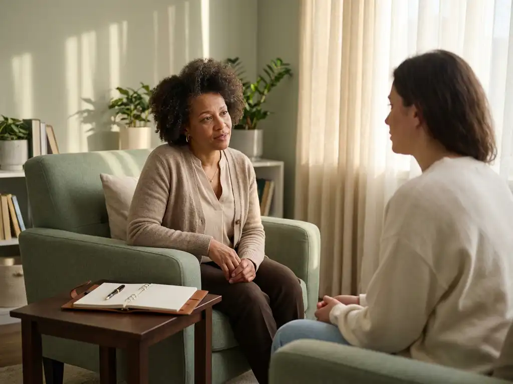Therapeut en patiënt in gesprek in een rustige therapiekamer met warm middaglicht, notitieboek op houten bijzettafel.