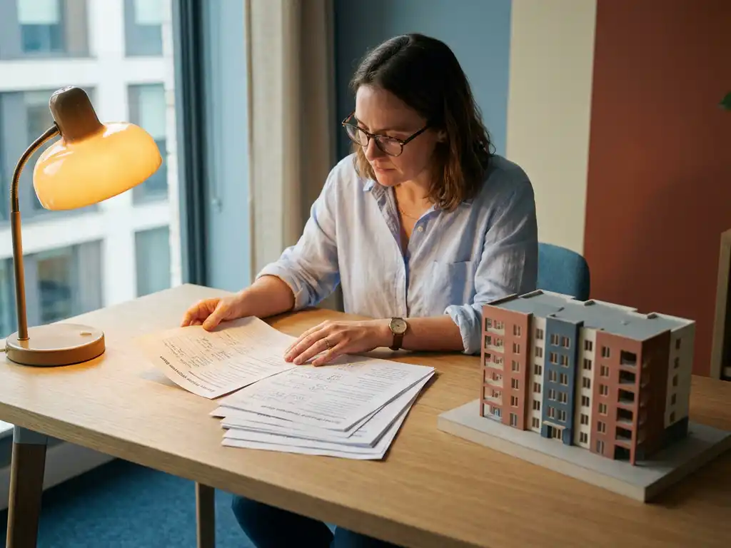 Vastgoedbeheerder bestudeert enquêteformulieren op modern bureau met architectuurmodel van appartementengebouw en amber bureaulamp.