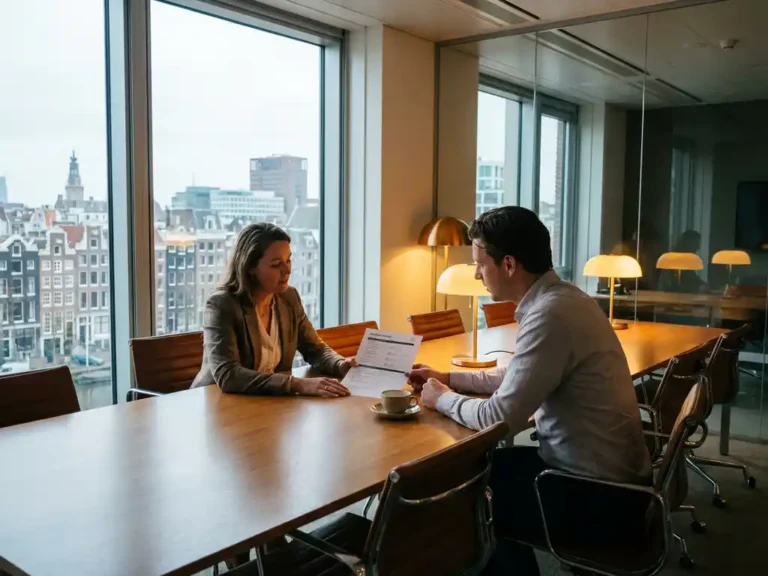 Vastgoedbeheerder en zakelijke huurder aan conferentietafel in modern Amsterdam kantoor met enquêteformulier en koffie.