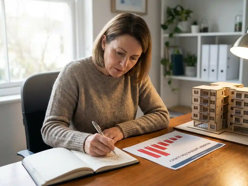 Vastgoedbeheerder maakt aantekeningen bij een enquêterapport met lage scores en een schaalmodel van een appartementengebouw.