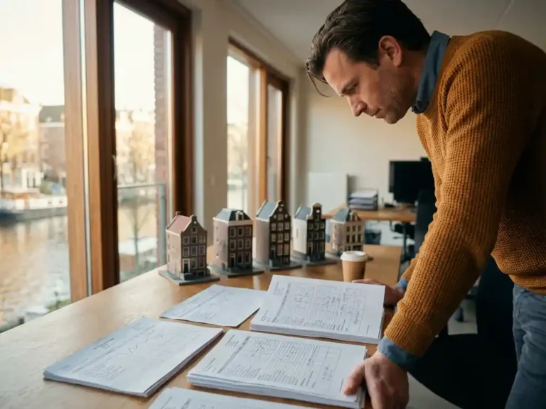 Vastgoedbeheerder bekijkt tevredenheidsscores op bureau met rij miniatuur woongebouwen op de achtergrond, warm kantoorlicht.