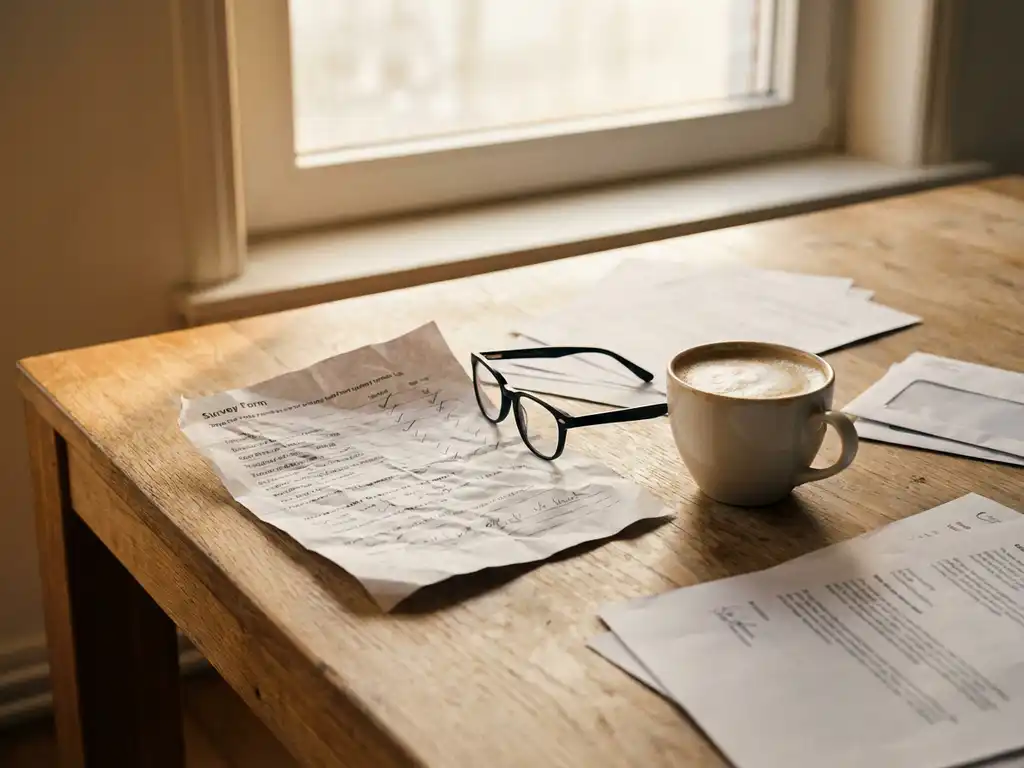 Verfrommeld enquêteformulier op een Amsterdams kantoorbureau naast een onaangeroerd kopje koffie en een scheve leesbril.