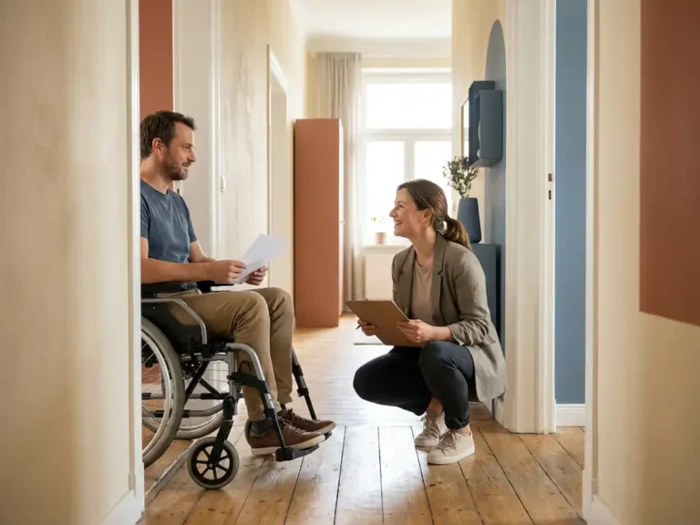 Vastgoedbeheerder begroet huurder bij appartementsdeur in moderne Nederlandse hal, huurder houdt feedbackformulier vast.