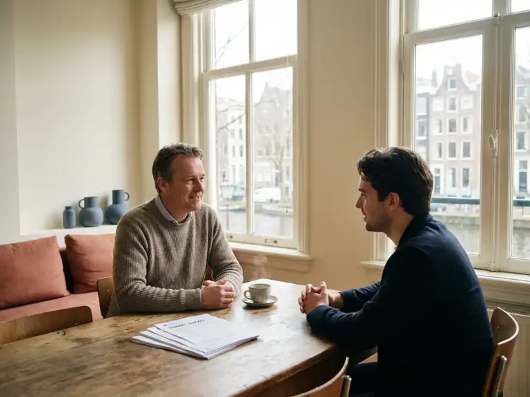 Verhuurder en huurder in gesprek aan houten tafel in Amsterdams appartement, met vragenlijst en koffie in warm natuurlijk licht.