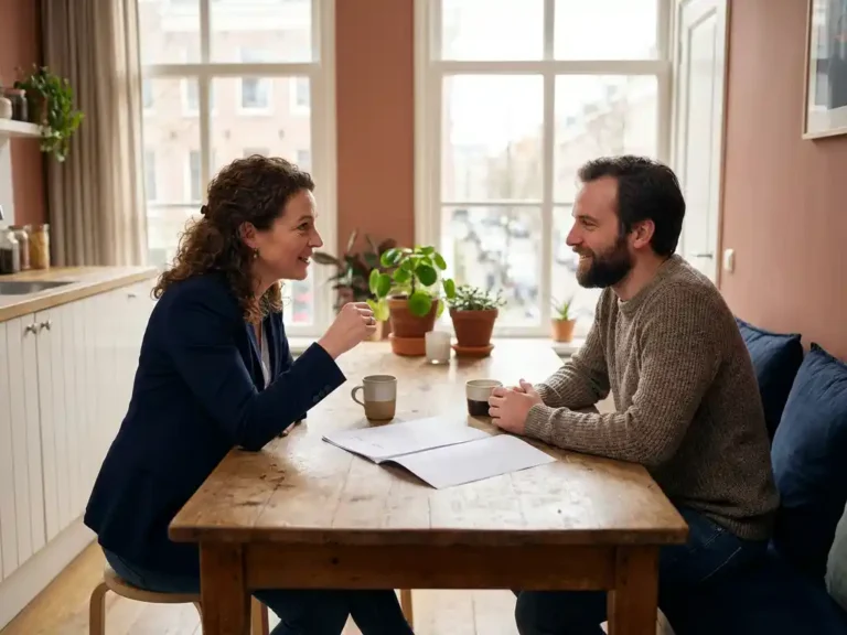 Verhuurder en huurder in gesprek aan houten keukentafel in Nederlands appartement, getekend huurcontract en koffiekopje op tafel.