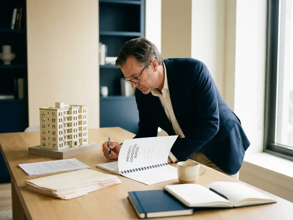 Verhuurder bestudeert formeel onderzoeksrapport aan modern bureau met architectuurmodel van appartementengebouw en verspreide documenten.