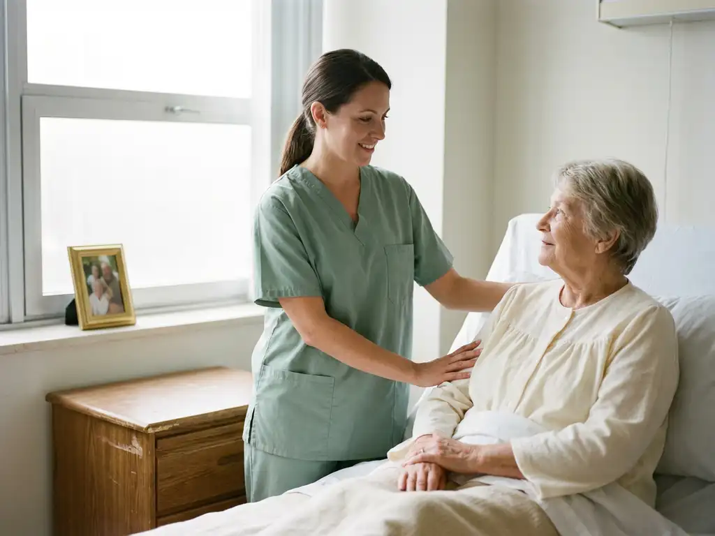 Verpleegkundige in scrubs legt geruststellend hand op arm van oudere patiënt tijdens bedside consult, warm natuurlijk licht.