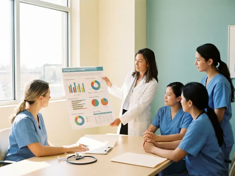 Verpleegkundige presenteert kleurrijke infographic met patiënttevredenheidsresultaten aan zorgteam in lichte kliniekruimte.