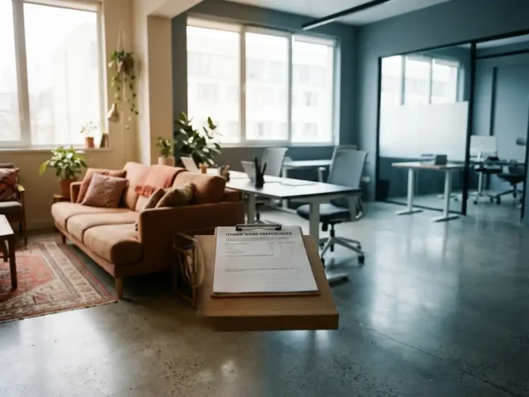 Klembord met enquête op bureau op de grens tussen een gezellig appartement en een open kantoorruimte, warm terracotta en koel leisteengrijs.